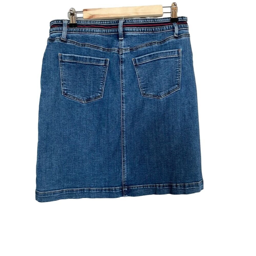 Talbots Skirt Women 8 Blue Denim Red Stripe Jean Midi Retro Boho Hippie Hipster - Picture 7 of 11